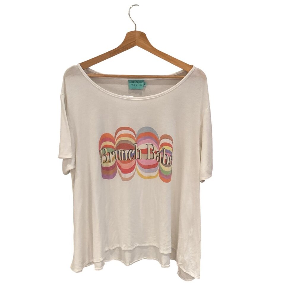 Judith March “Brunch Babe” Graphic Tee – Rainbow Retro Letters, Size M